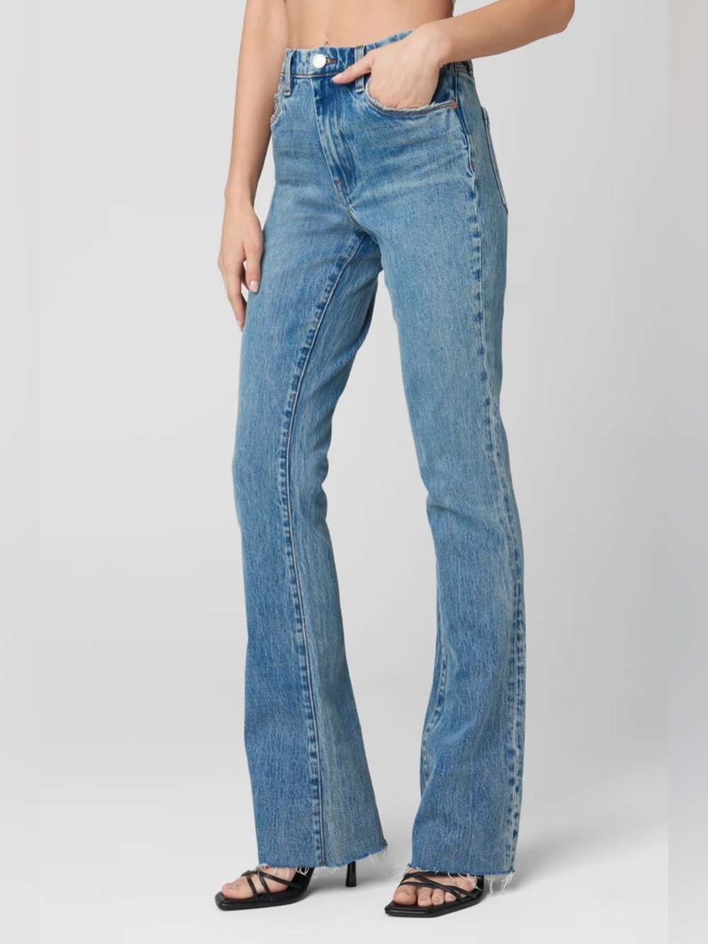 BLANKNYC Hoyt Jeans in Close Ranks High Rise Mini Flare Raw Hem EUC